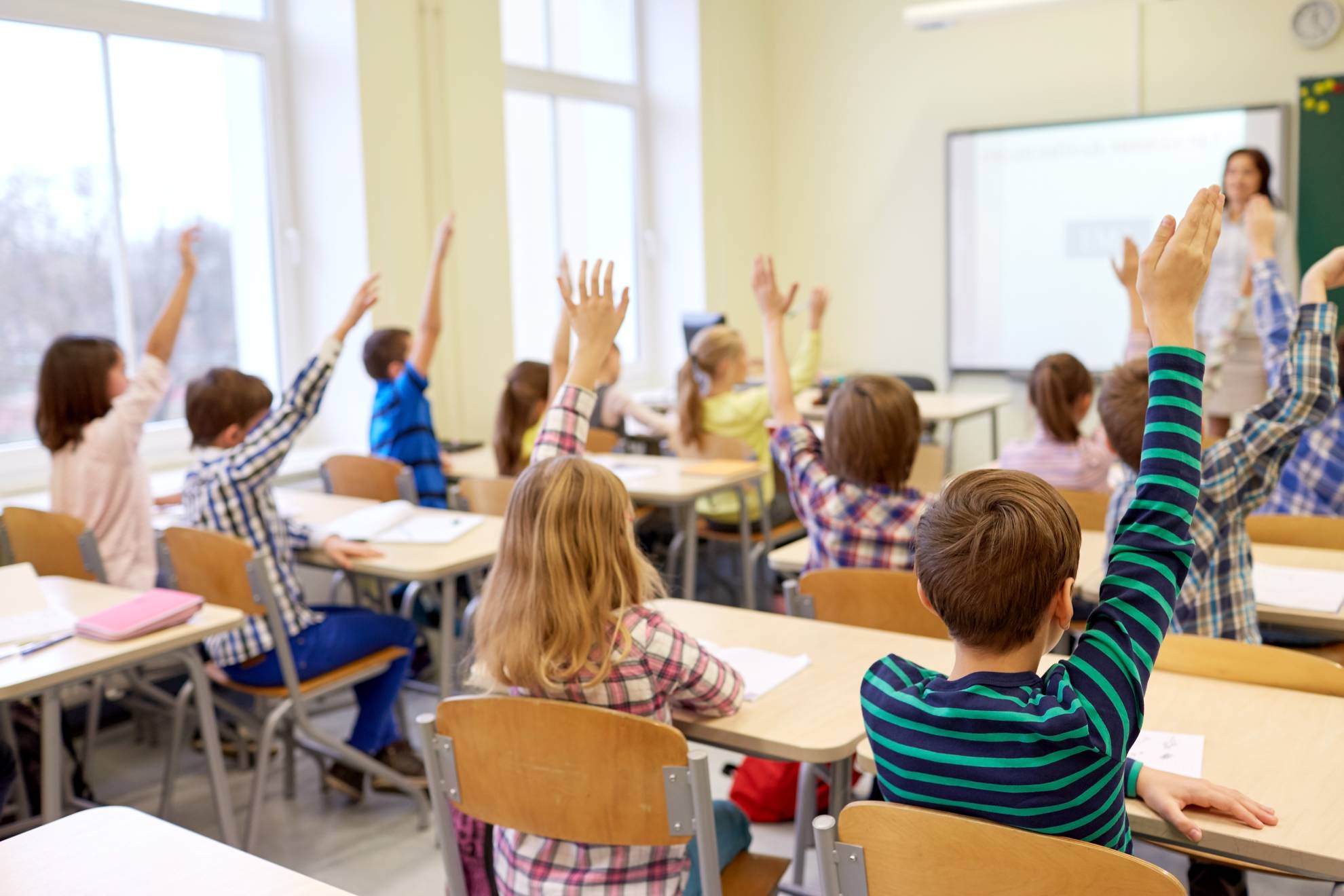 group of school kids raising hands in classroom PF36XQ9 1