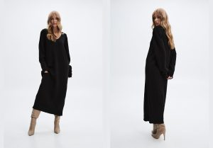 чорна в’язана сукня міді з V-подібним вирізом